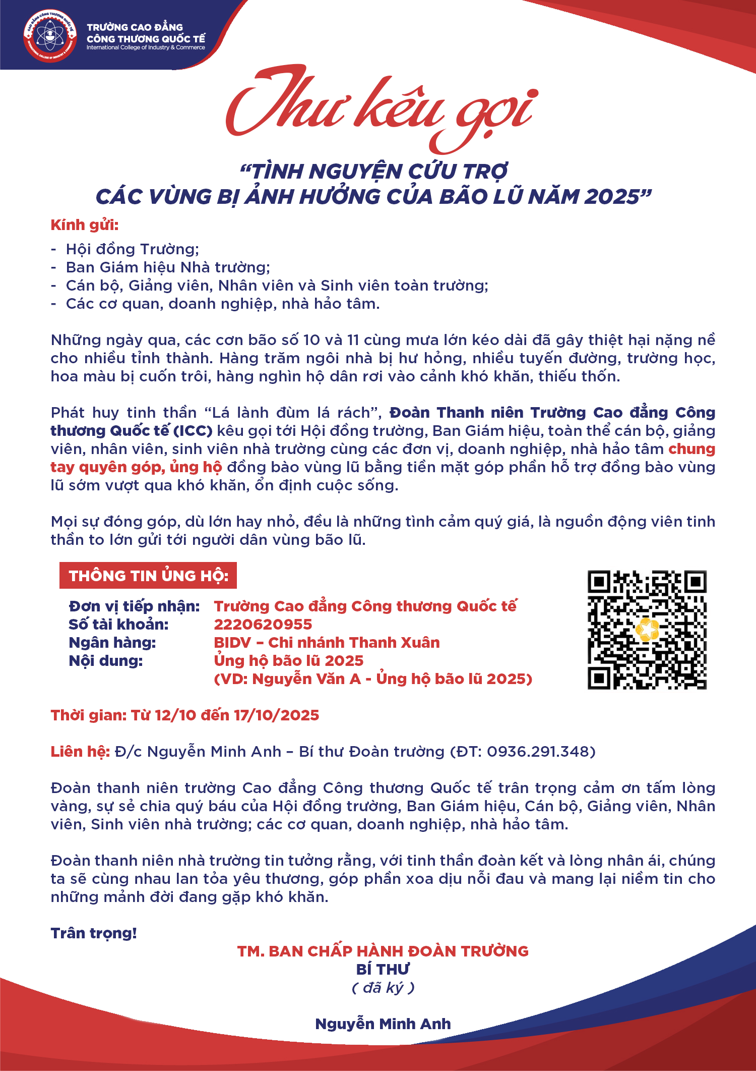 Thư kêu gọi tình nguyện cứu trợ các vùng bị ảnh hưởng của bão lũ năm 2025.